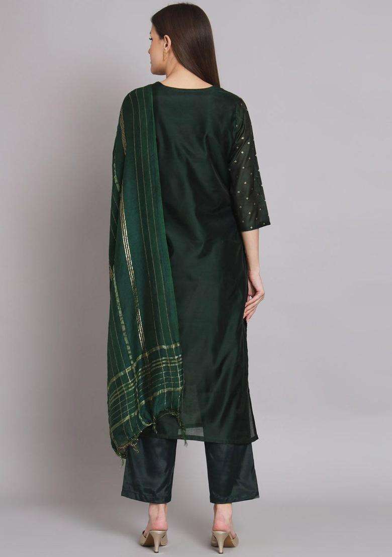 Green Woven Design Silk Blend Kurta Set - Indya