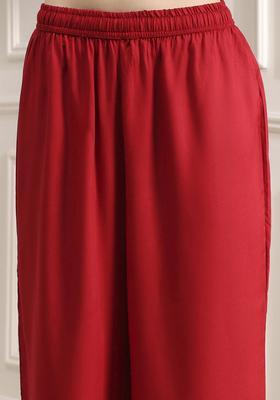 Red Woven Design Polyester Kurta Set