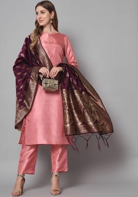 Pink Solid Silk Kurta Set