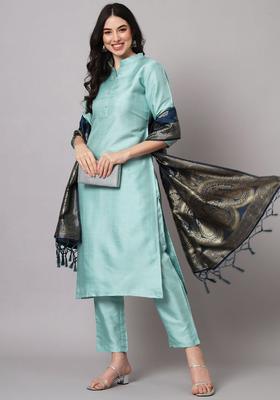 Sea Green Solid Silk Kurta Set