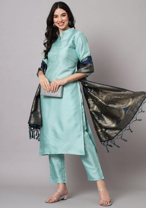 Sea Green Solid Silk Kurta Set — view on Indya