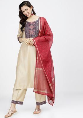 Beige Woven Design Viscose Kurta Set
