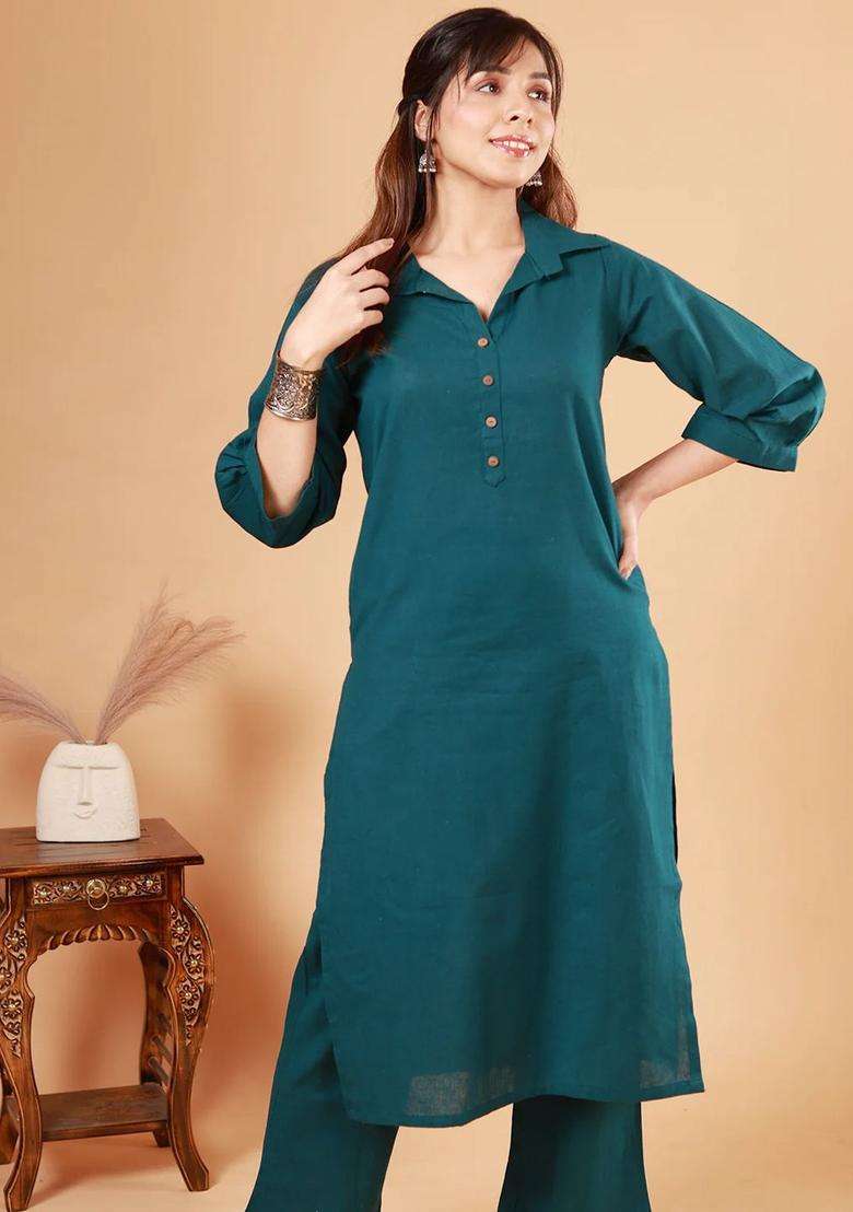 Turquoise Blue Solid Cotton Kurta Set - Indya