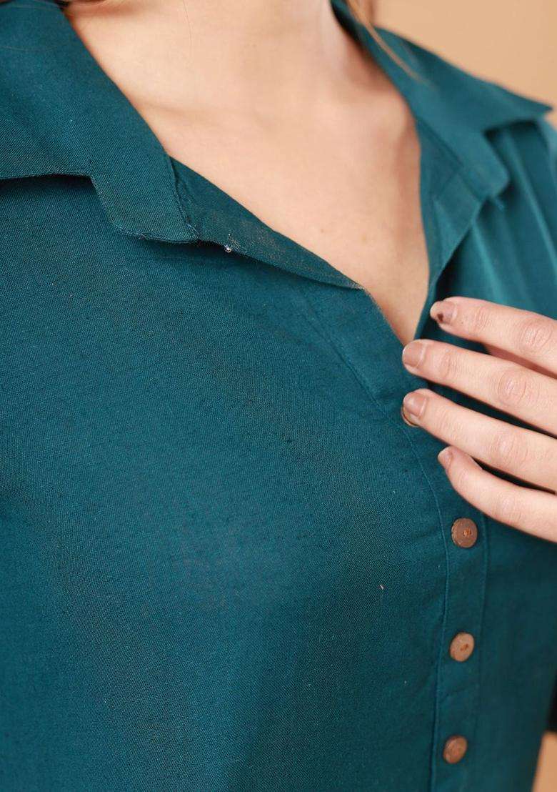 Turquoise Blue Solid Cotton Kurta Set - Indya
