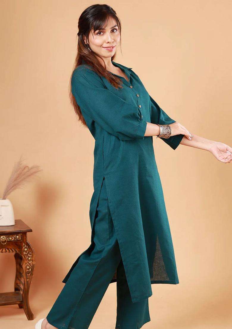 Turquoise Blue Solid Cotton Kurta Set - Indya
