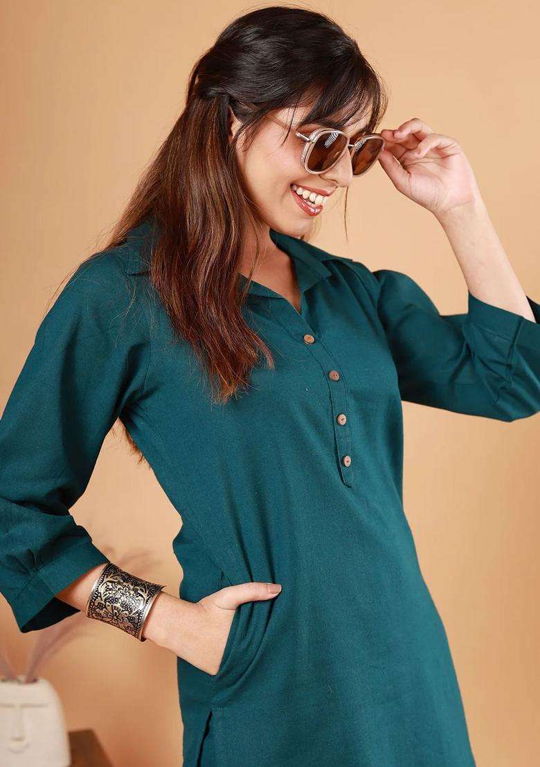 Turquoise Blue Solid Cotton Kurta Set - Indya
