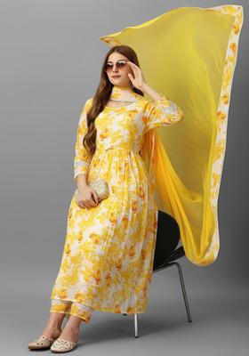 Yellow Printed Cotton Anarkali Set