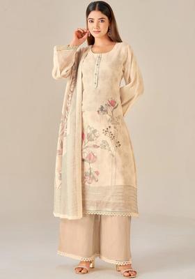 Cream Printed Linen Kurta Set
