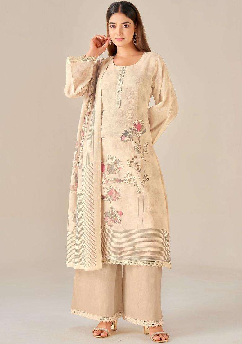 Cream Printed Linen Kurta Set - Indya