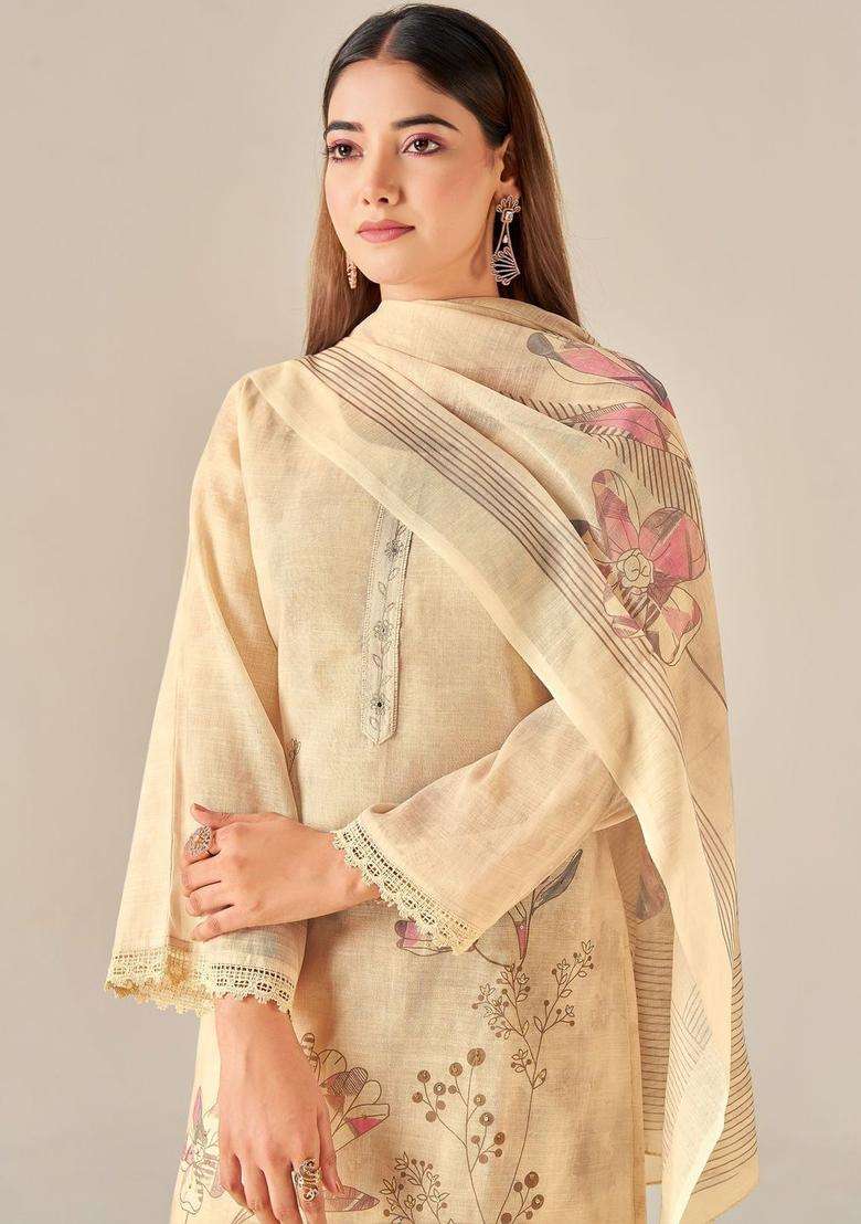 Cream Printed Linen Kurta Set - Indya