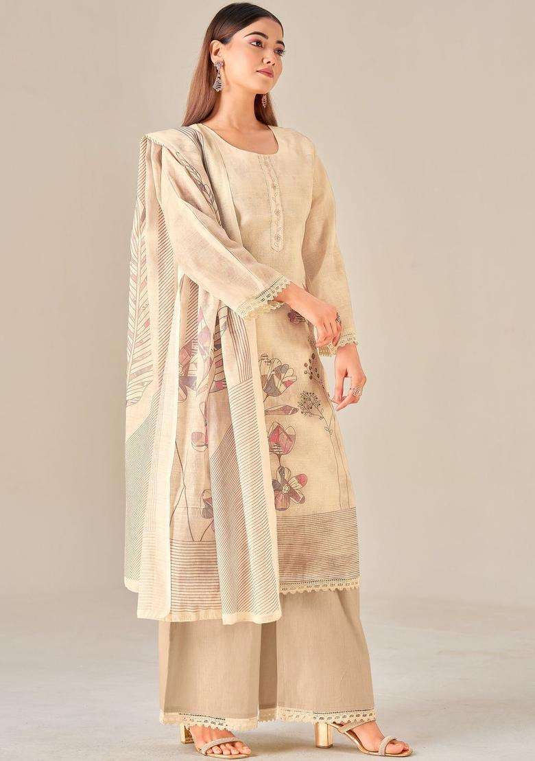 Cream Printed Linen Kurta Set - Indya