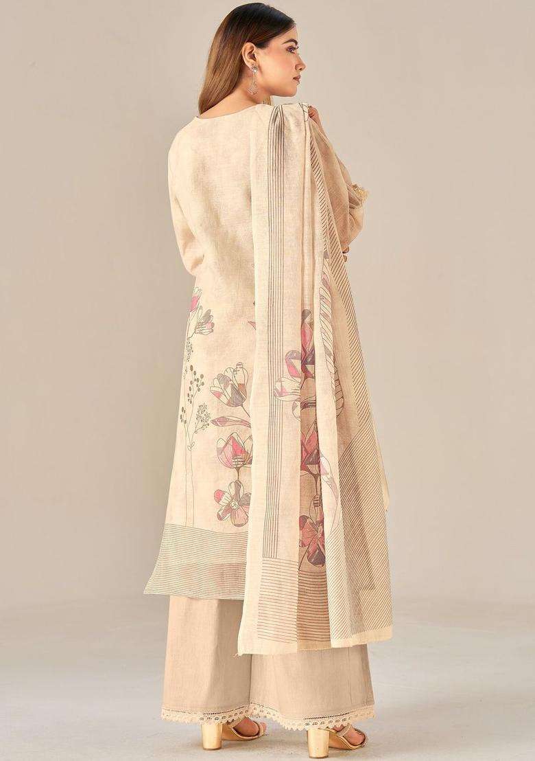 Cream Printed Linen Kurta Set - Indya