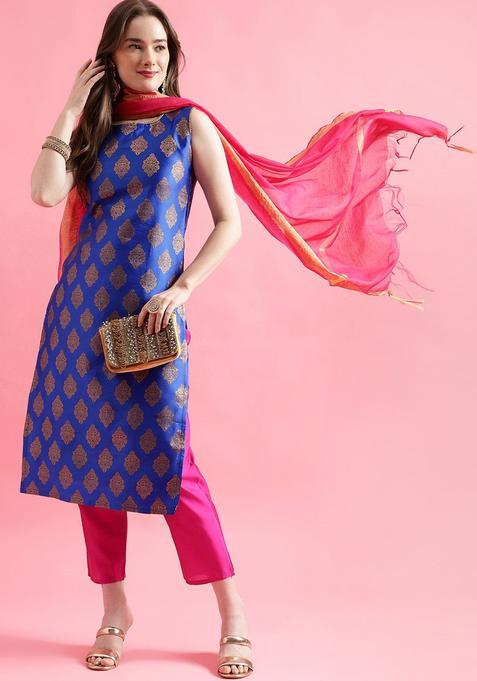 Blue Woven Design Silk Kurta Set — view on Indya