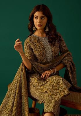 Olive Printed Cotton Kurta Set