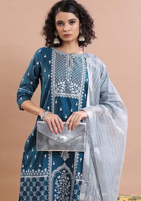 Blue Printed Polyester Kurta Set