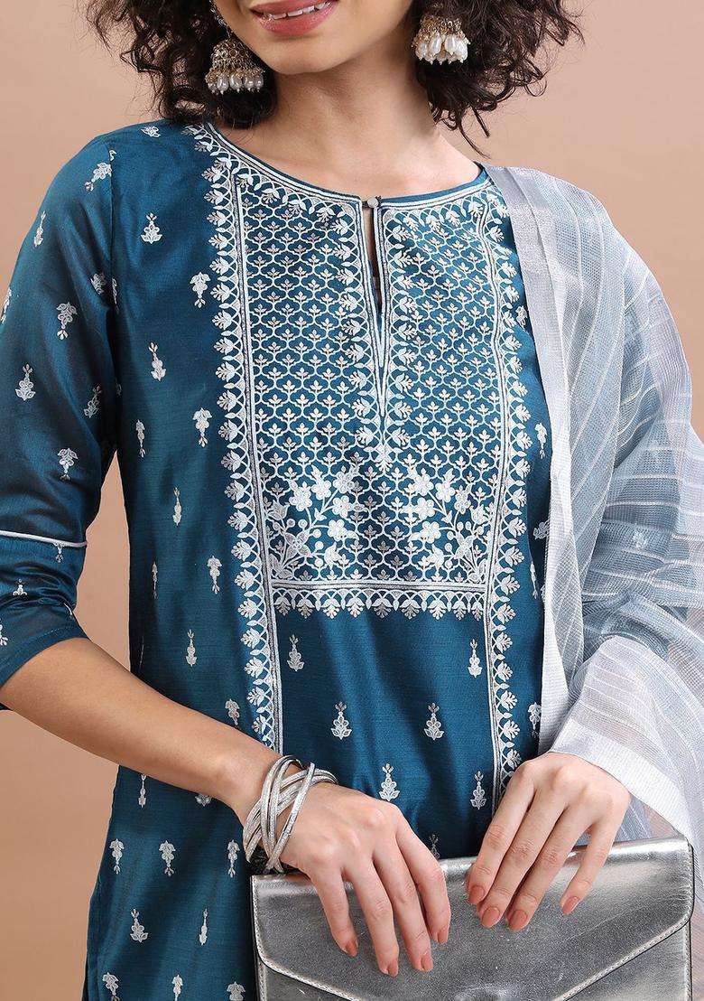 Blue Printed Polyester Kurta Set - Indya