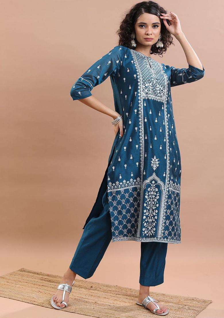 Blue Printed Polyester Kurta Set - Indya