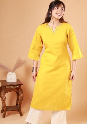 Yellow Solid Cotton Kurta Set