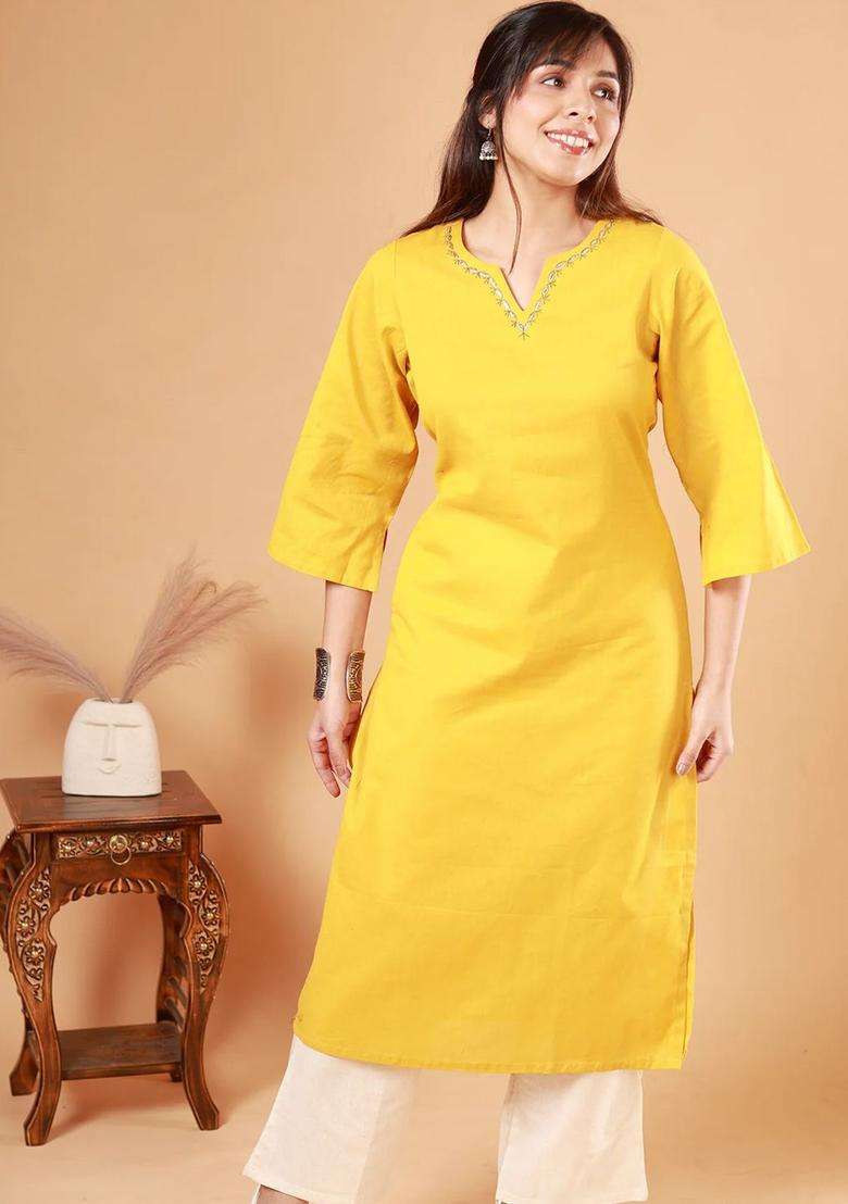 Yellow Solid Cotton Kurta Set - Indya