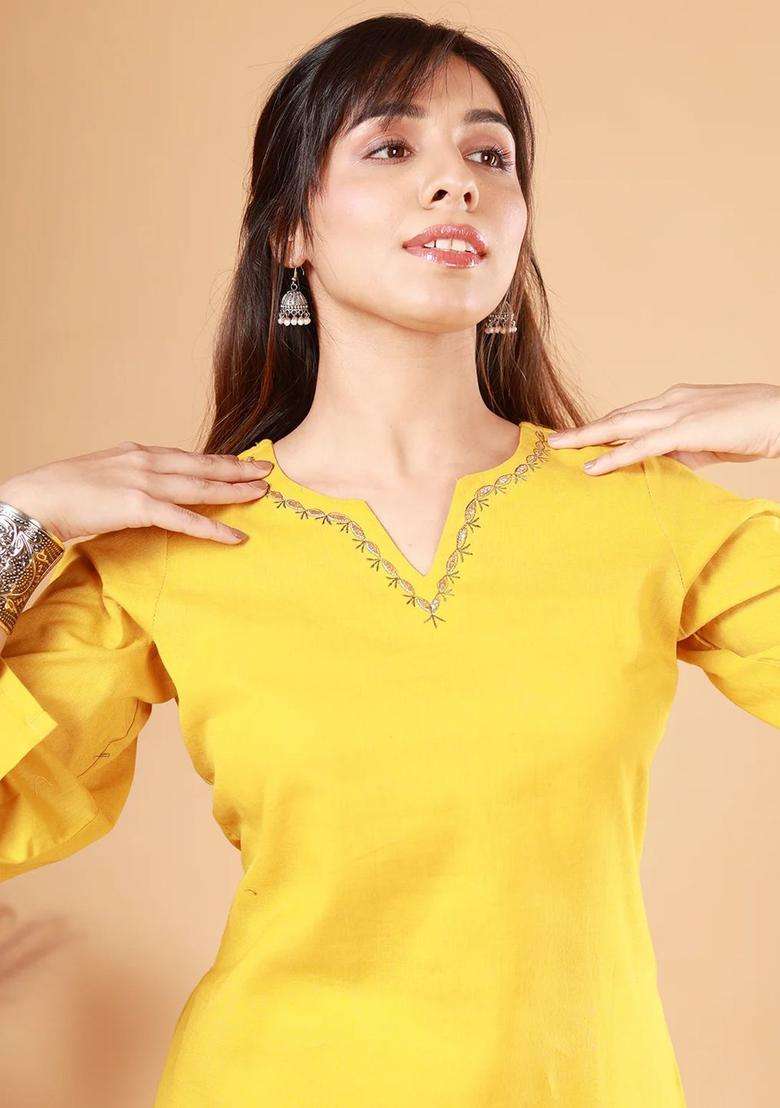 Yellow Solid Cotton Kurta Set - Indya
