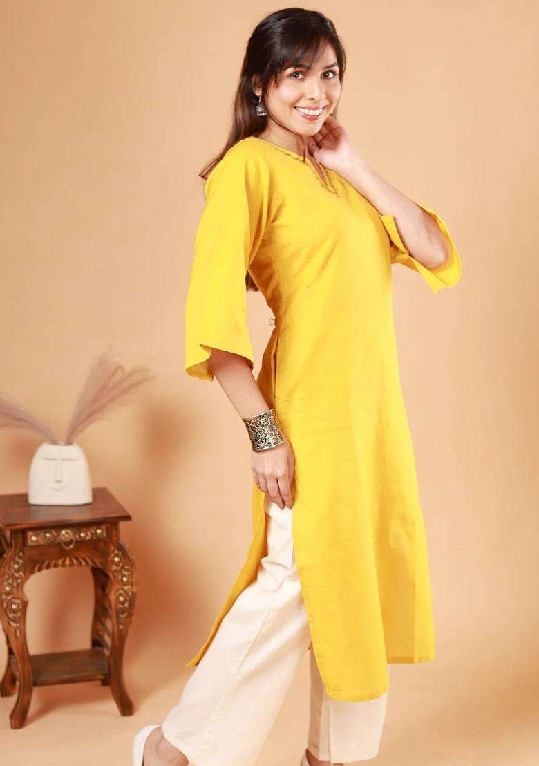 Yellow Solid Cotton Kurta Set - Indya