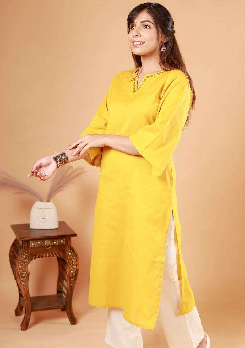 Yellow Solid Cotton Kurta Set - Indya