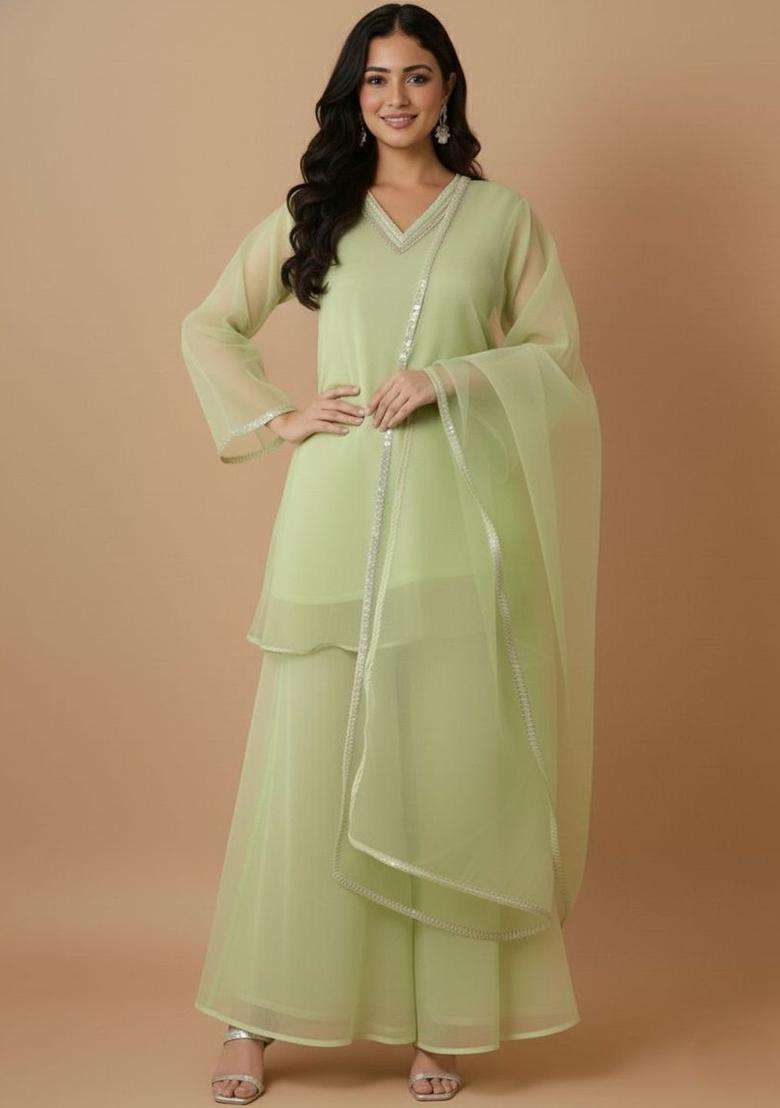 Lime Green Solid Organza Kurta Set - Indya