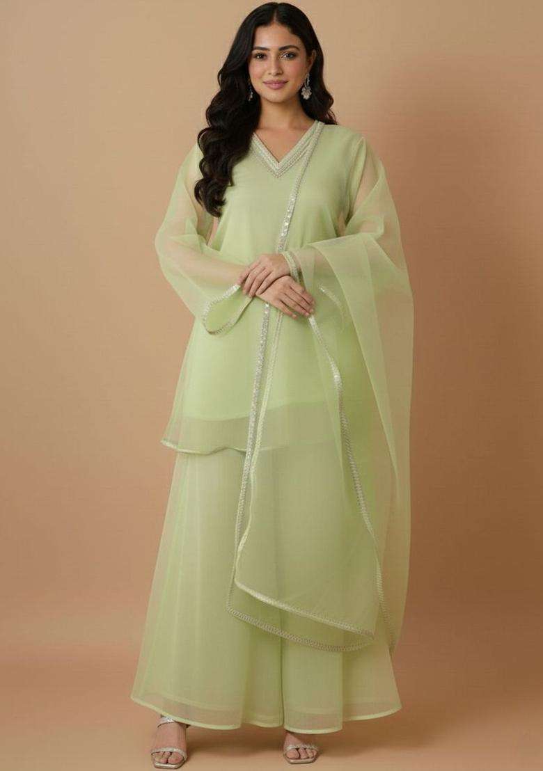 Lime Green Solid Organza Kurta Set - Indya