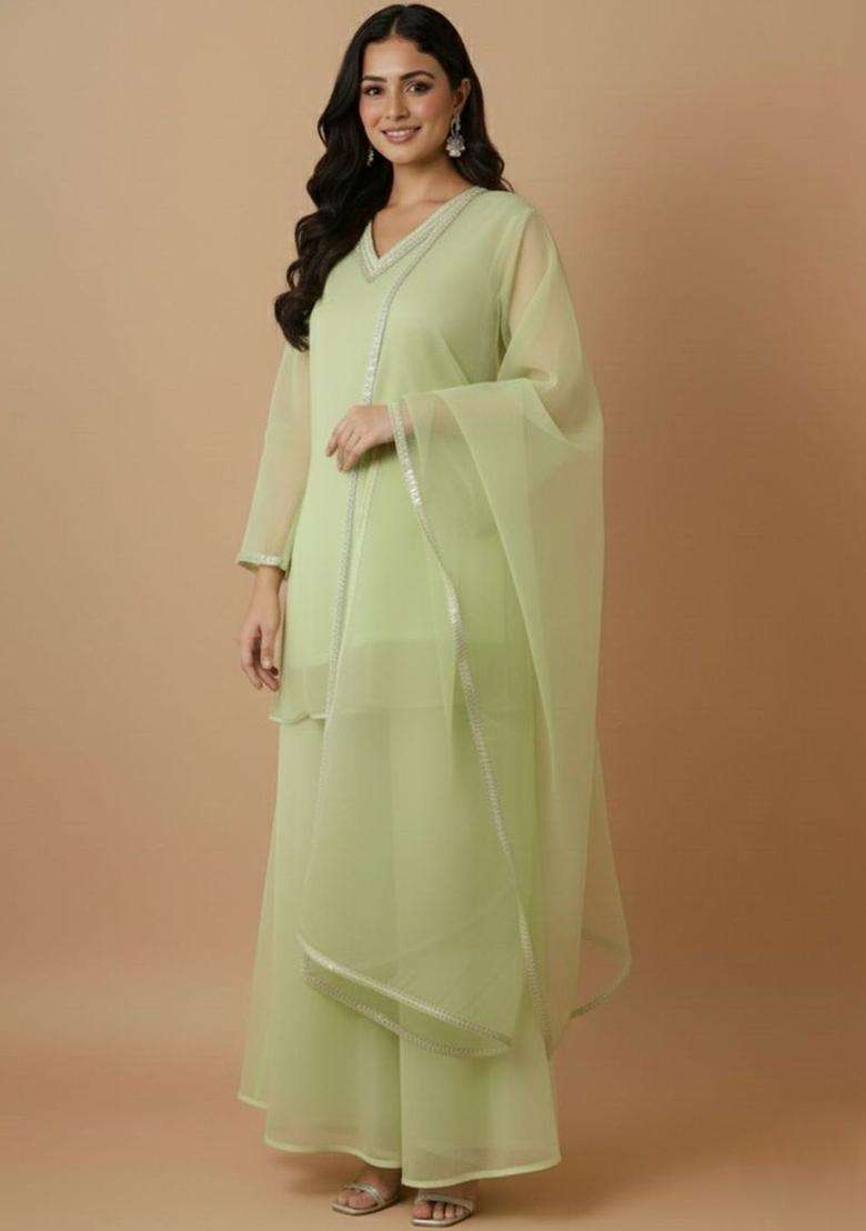 Lime Green Solid Organza Kurta Set - Indya