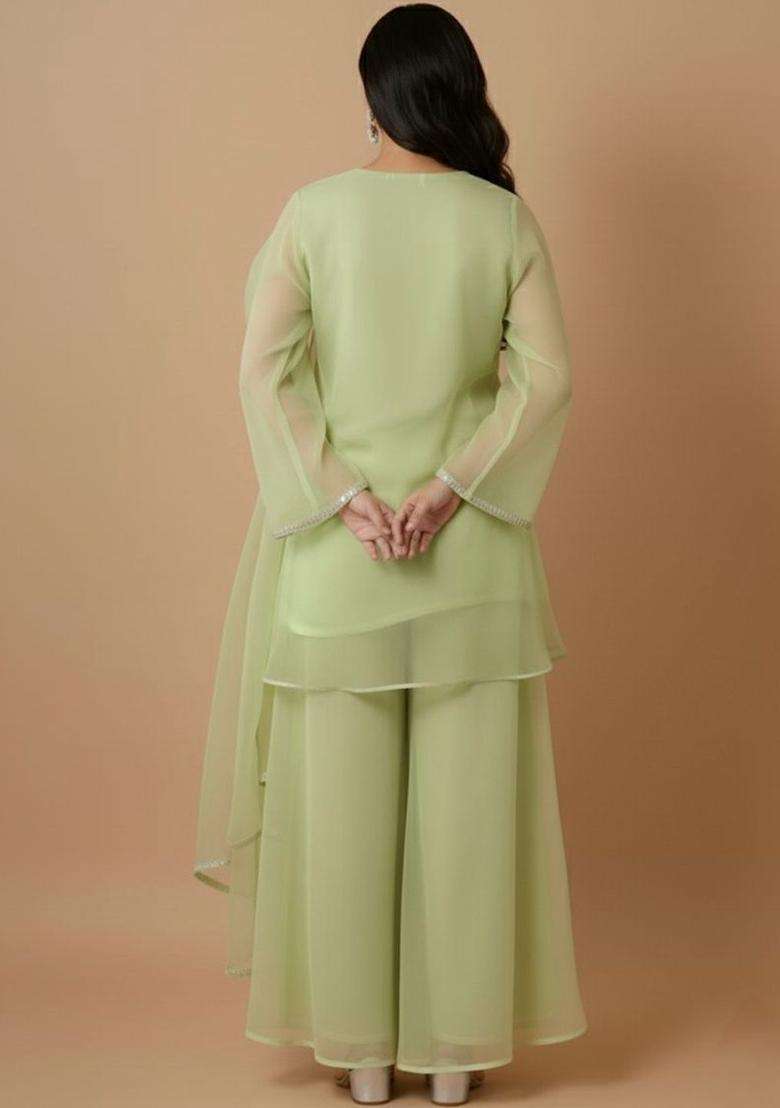 Lime Green Solid Organza Kurta Set - Indya