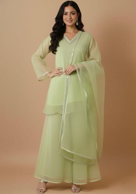 Lime Green Solid Organza Kurta Set — view on Indya