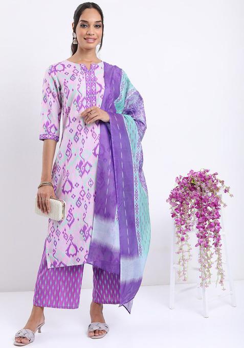Lavender Printed Polyester Kurta Set — view on Indya