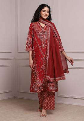 Red Printed Cotton Kurta Set