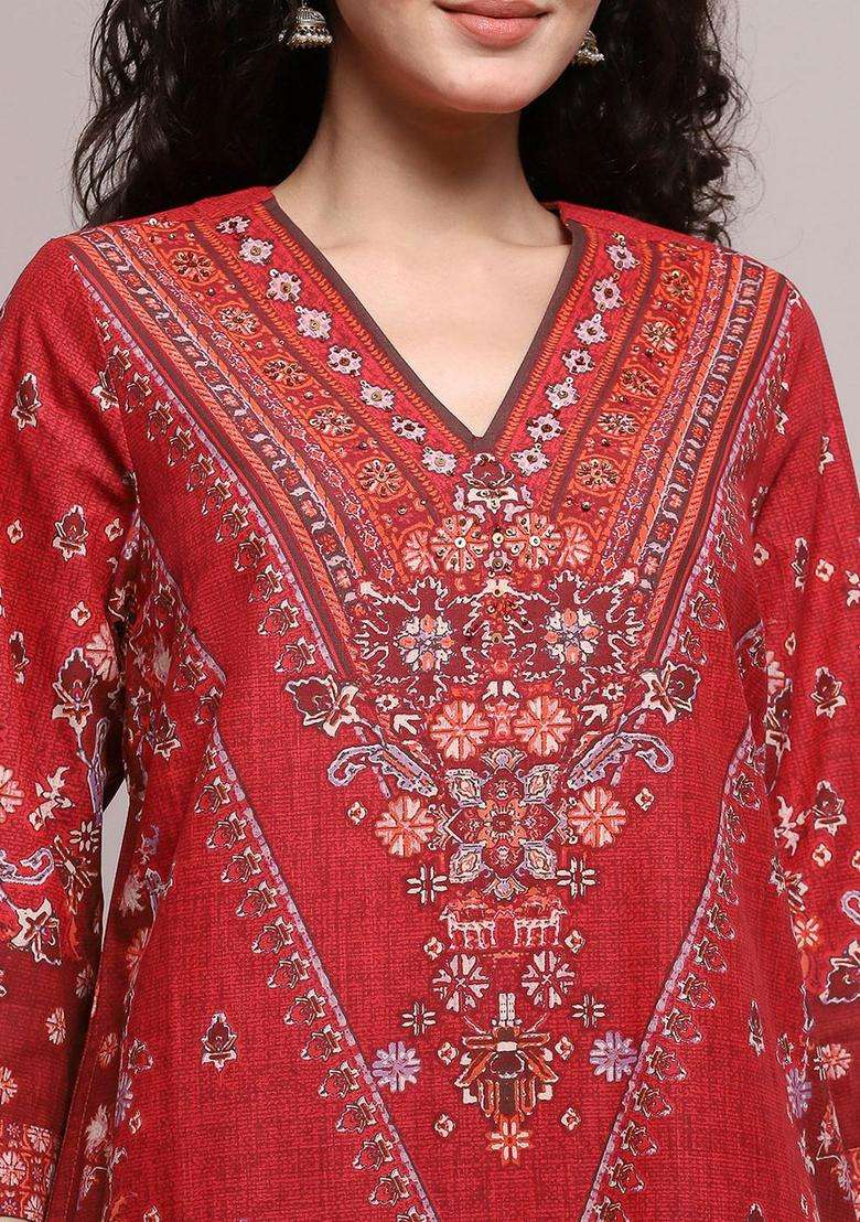 Red Printed Cotton Kurta Set - Indya