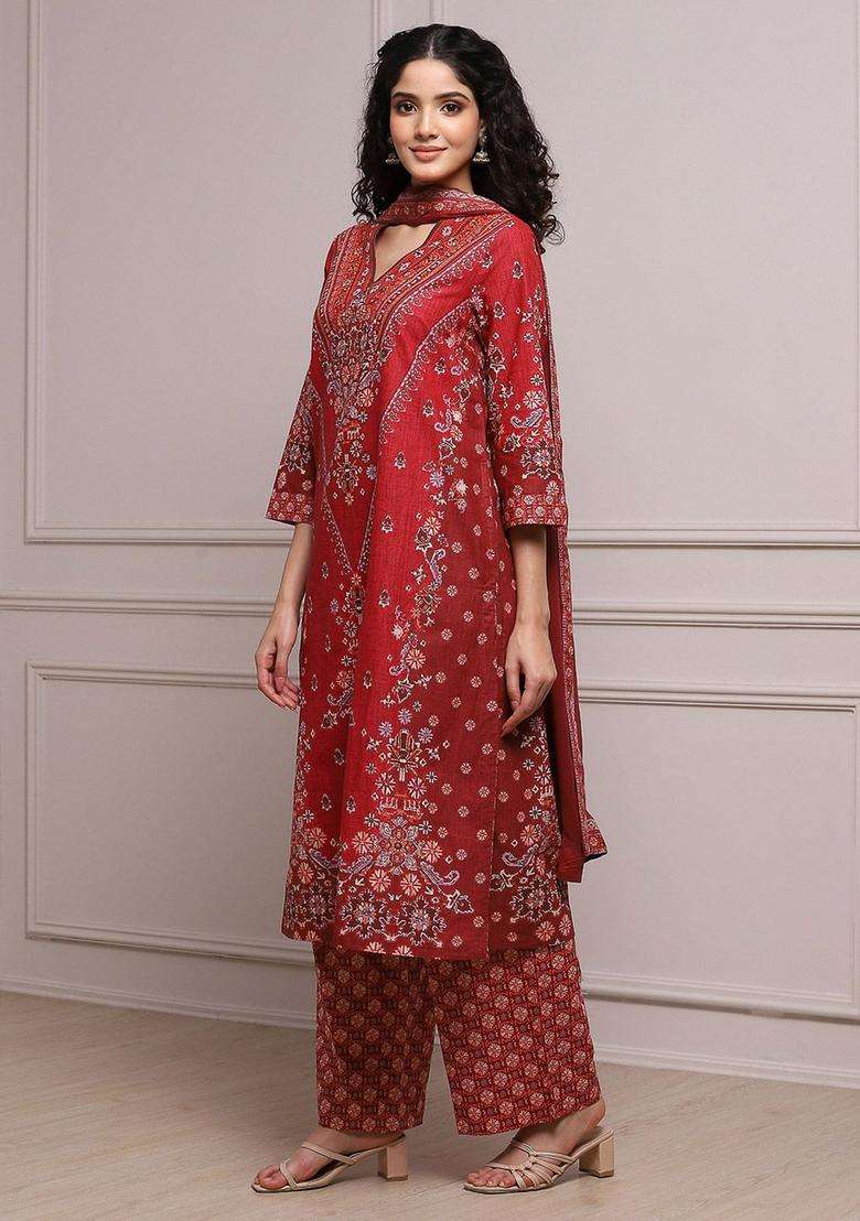 Red Printed Cotton Kurta Set - Indya
