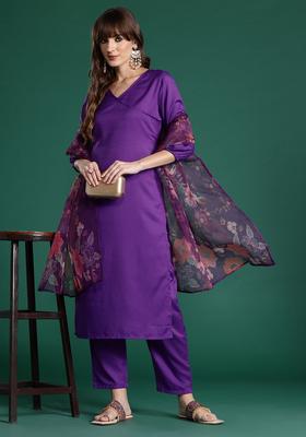 Purple Solid Cotton Kurta Set