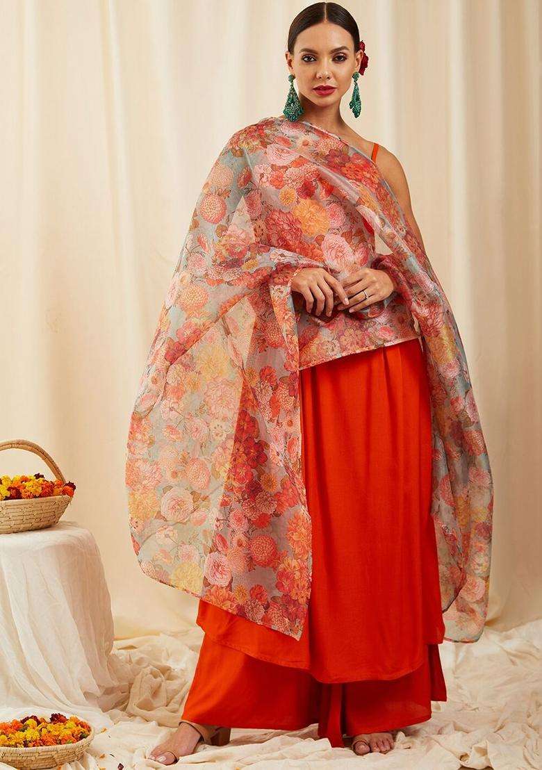 Orange Solid Viscose Anarkali Set - Indya