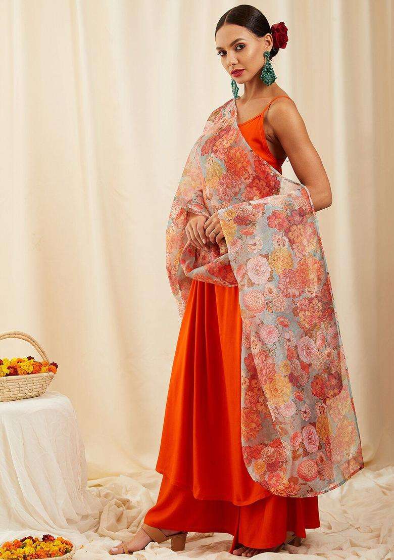 Orange Solid Viscose Anarkali Set - Indya