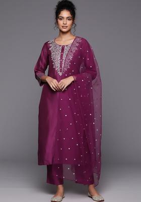 Magenta Embroidered Silk Kurta Set