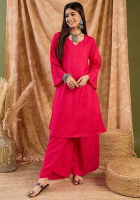 Red Solid Viscose Kurta Set