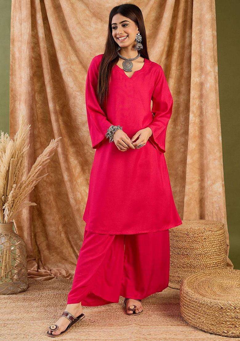 Red Solid Viscose Kurta Set - Indya