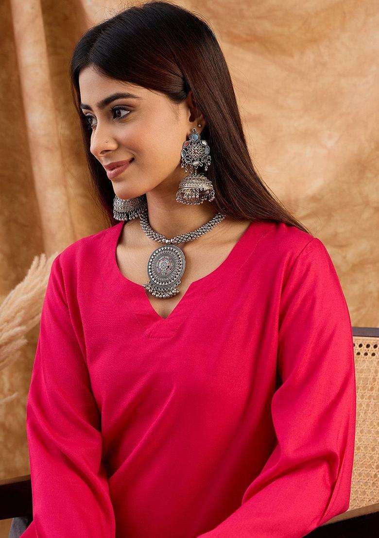 Red Solid Viscose Kurta Set - Indya