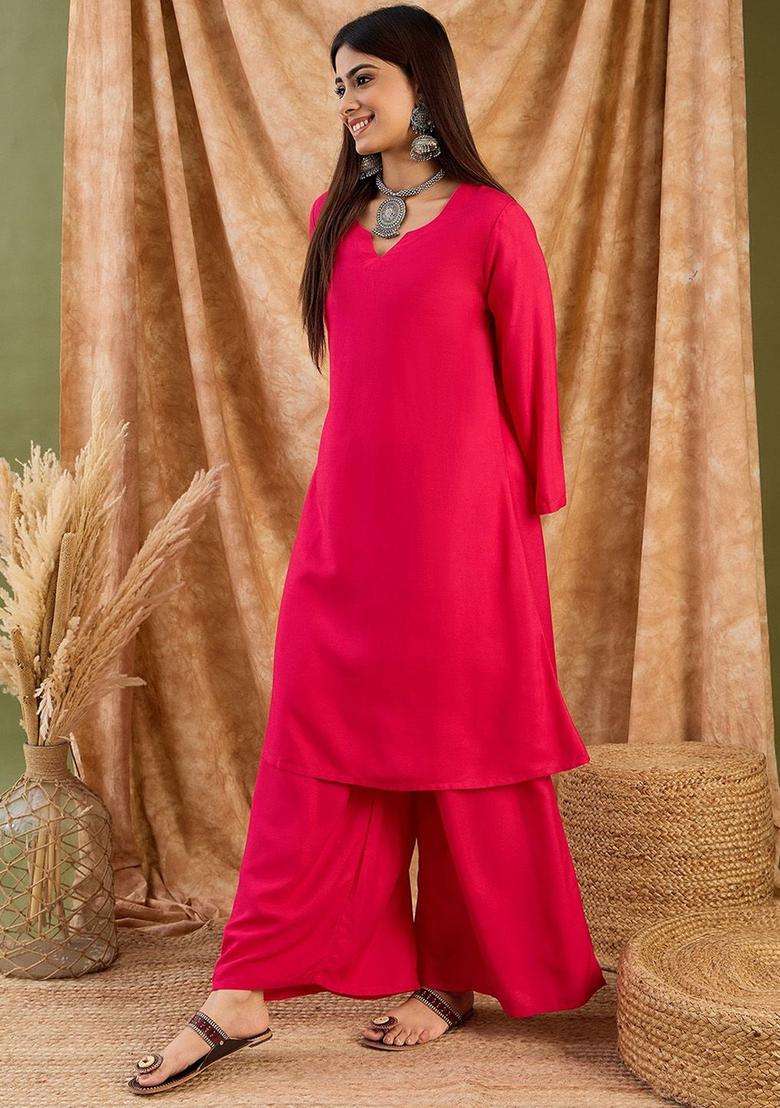 Red Solid Viscose Kurta Set - Indya