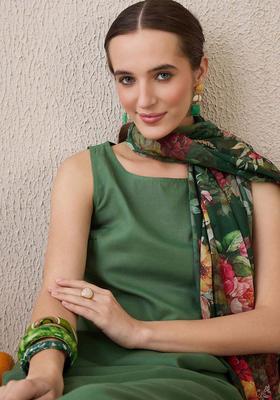 Green Solid Cotton Kurta Set