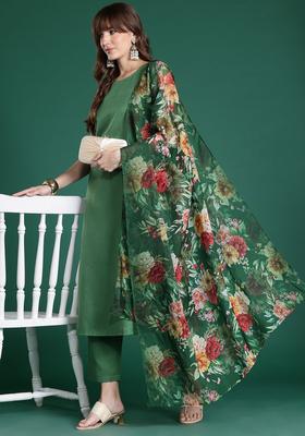 Green Solid Cotton Kurta Set