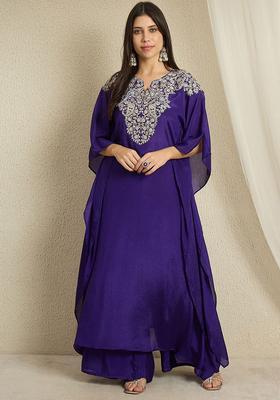 Blue Embroidered Chinon Kurta Set