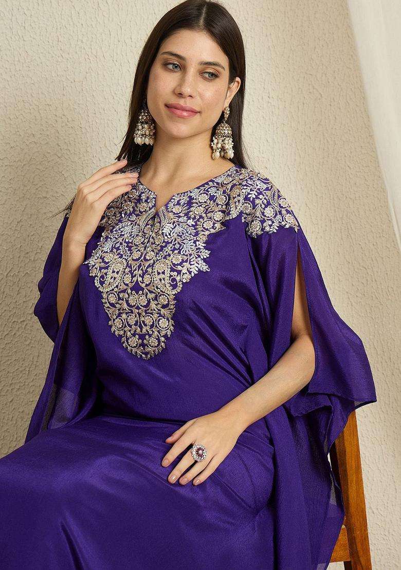Blue Embroidered Chinon Kurta Set - Indya