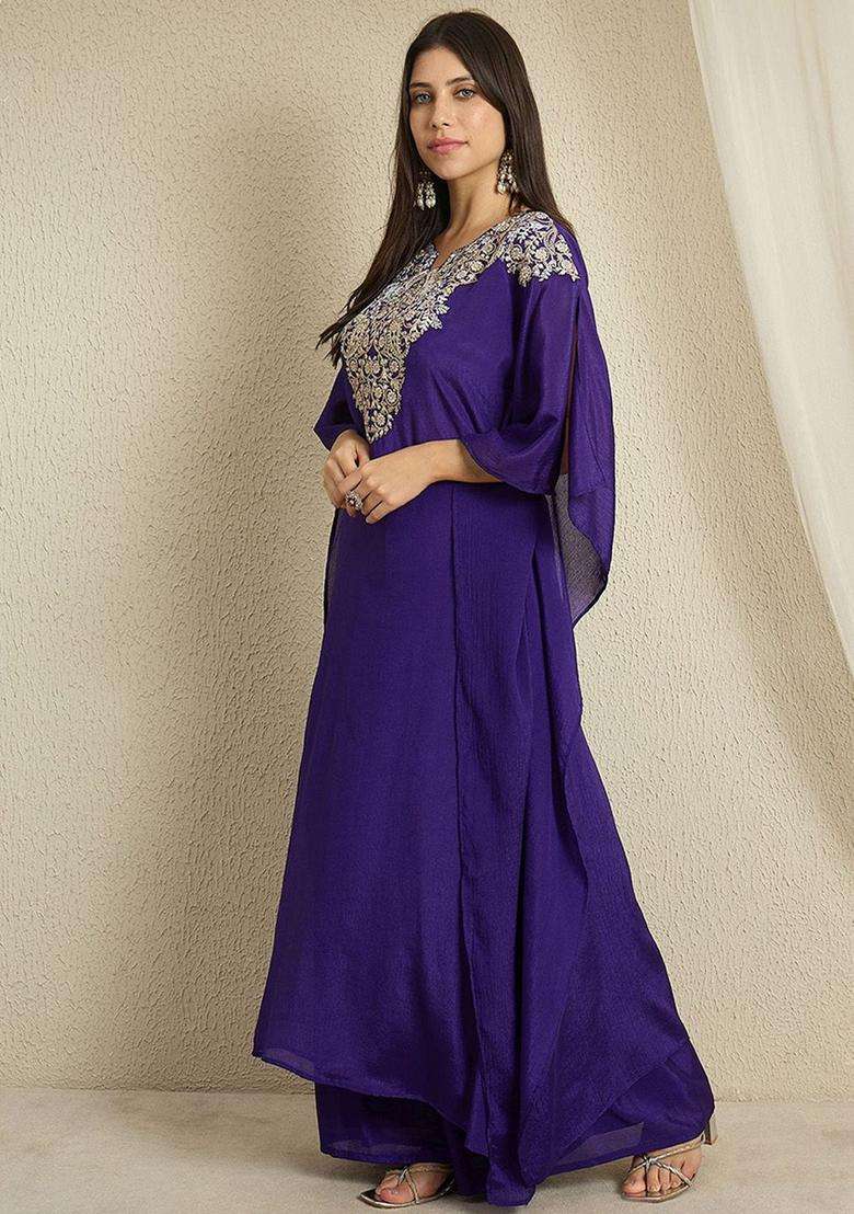 Blue Embroidered Chinon Kurta Set - Indya