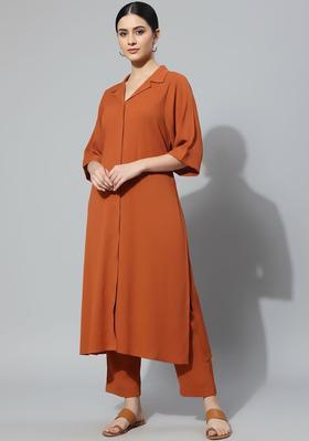 Brown Solid Silk Kurta Set