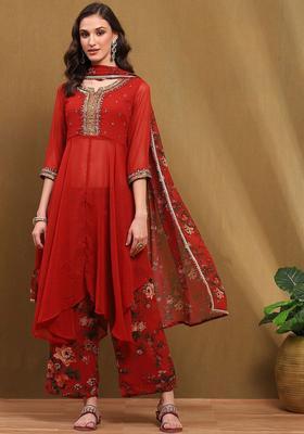 Red Embroidered Georgette Kurta Set